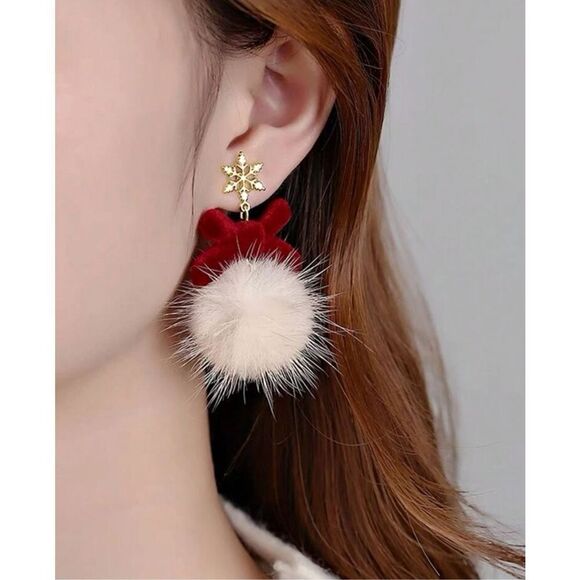 Holiday Christmas Vegan Fur Ball Red Bow Dangle Drop Earrings - Picture 3 of 8